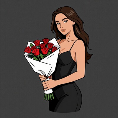 Woman with Red Rose Bouquet