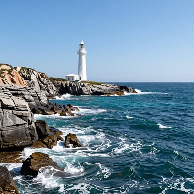 White Lighthouse on Rocky Coast