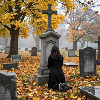 Woman Mourning at Grave in Autumn Cemetery