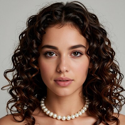 Woman with curly brown hair and pearl necklace