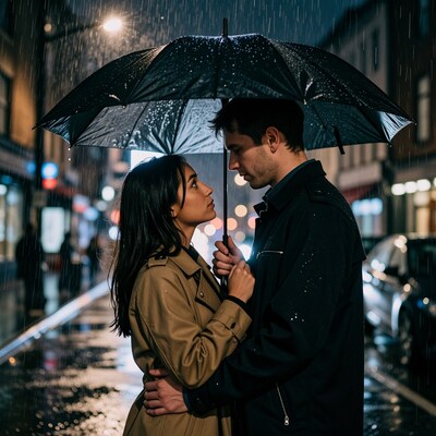 Couple kissing in rain under umbrella