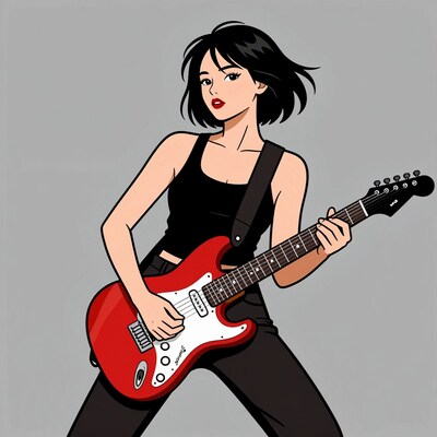 Woman playing red electric guitar