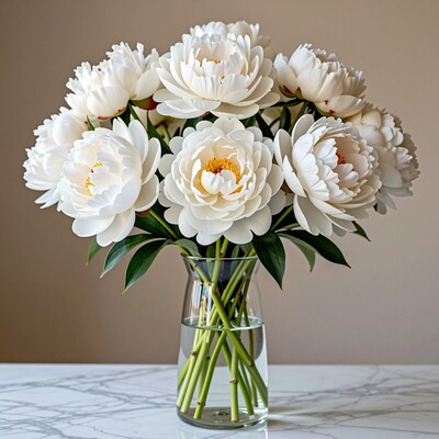 White Peonies in Glass Vase