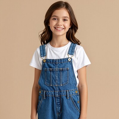 Smiling girl in denim overalls