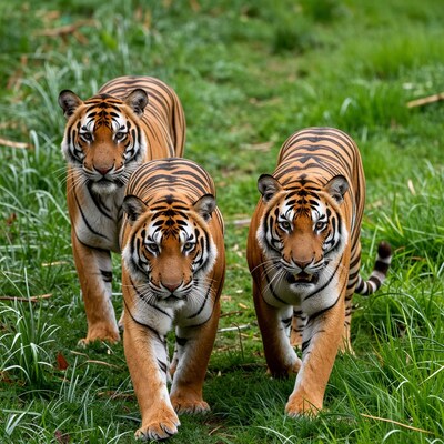 Three tigers walking in grass