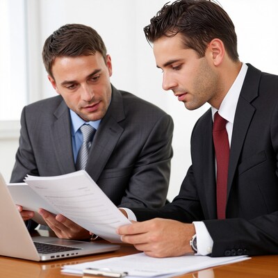 Two businessmen reviewing documents