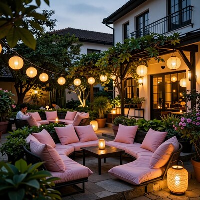 Cozy Pink Patio Lounge at Dusk