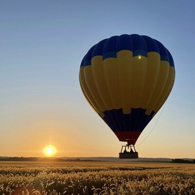 Hot Air Balloon Over Wheat Field at Sunset