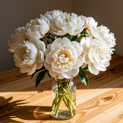 White Peonies in Glass Vase