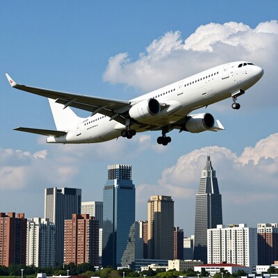 Airplane over city skyline