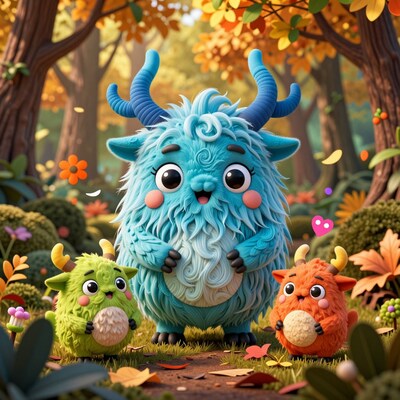 Cute Blue Monster Family in Autumn Forest