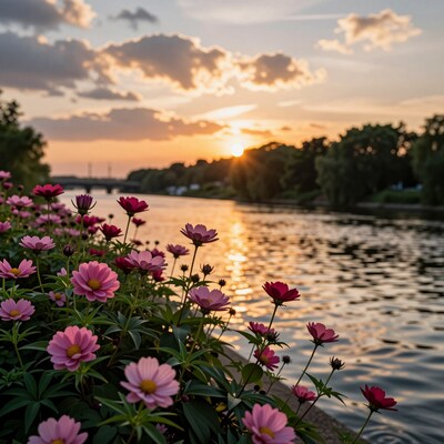Pink Cosmos Flowers at Sunset