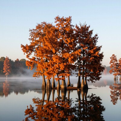 Autumn Cypress Trees in Misty Lake