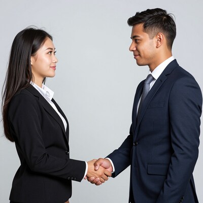 Businessman and businesswoman handshake