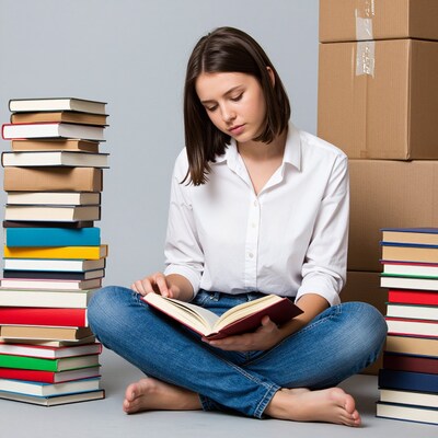 Young woman reading book with stacks of books