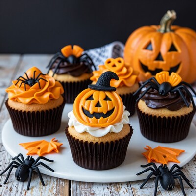 Halloween Cupcakes with Spiders and Pumpkin