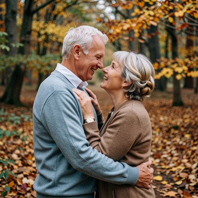 Elderly couple embracing in autumn forest