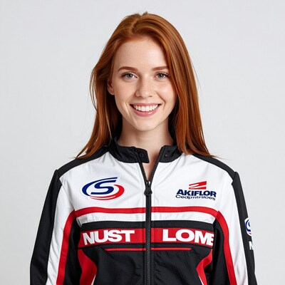 Smiling redhead woman in racing jacket