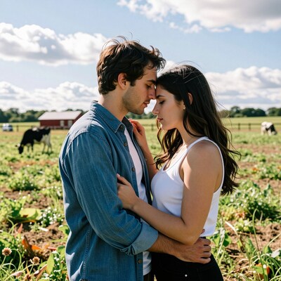 Couple Embracing in Farm Field