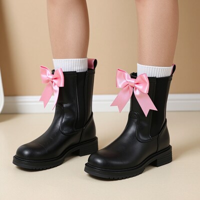 Black Girls Boots with Pink Bows