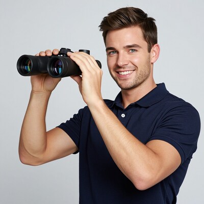 Man with binoculars smiling