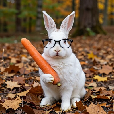 White Rabbit with Glasses Holding Carrot