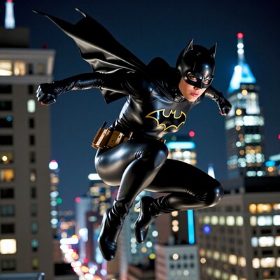 Batgirl leaping over city