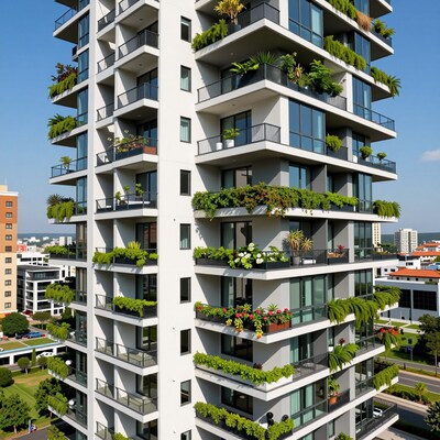 Modern Apartment Building with Balcony Gardens