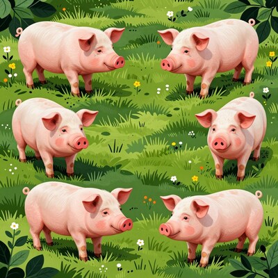 Cartoon Pink Pigs in Grass