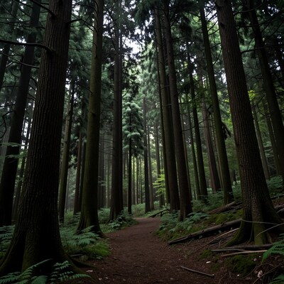 Misty Tall Forest Path