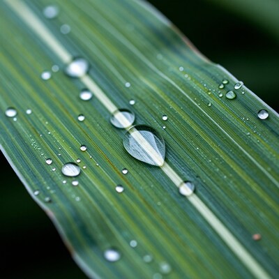 Dew Drops on Green Leaf