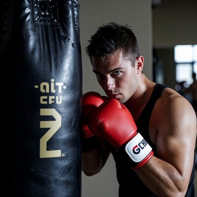 Man punching boxing bag