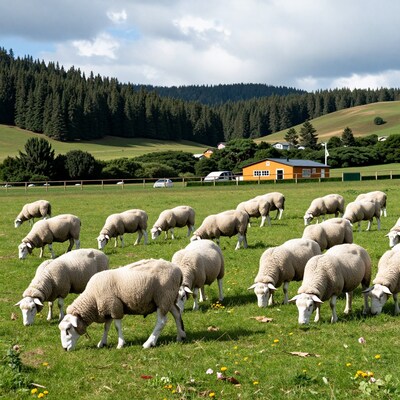 Flock of Sheep Grazing Pasture