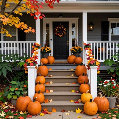 Autumn porch with pumpkins
