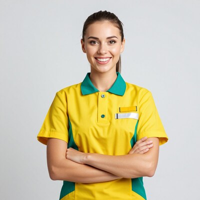 Smiling female worker in yellow uniform