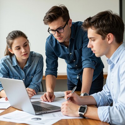 Young team reviewing documents on laptop