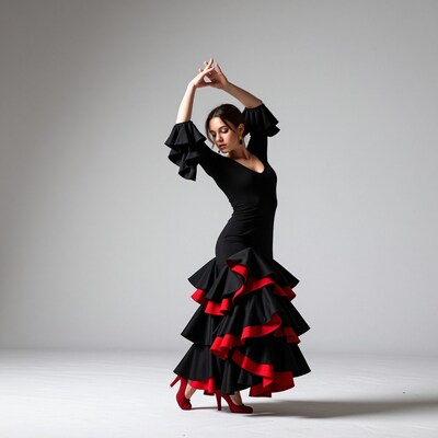 Woman in black red flamenco dress