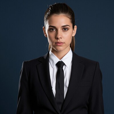 Woman in black suit and tie