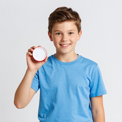 Smiling boy holding pill bottle cap