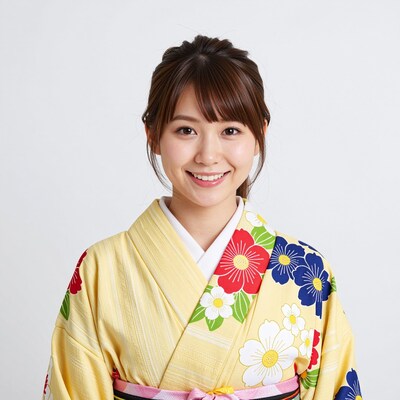 Smiling Japanese woman in yellow kimono