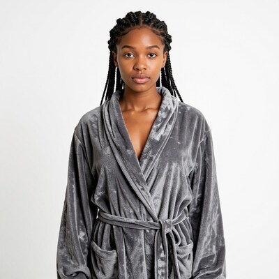 Black woman in gray bathrobe