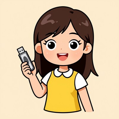 Cartoon girl holding USB flash drive