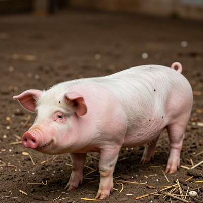 Pink pig standing on farm