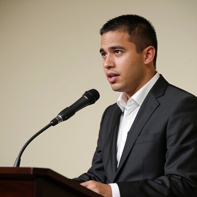 Young man speaking at podium