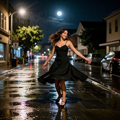 Woman dancing in rain at night