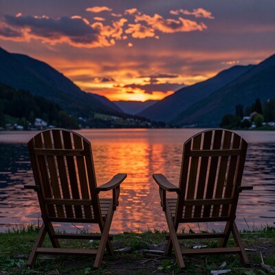 Two Adirondack chairs at sunset lake