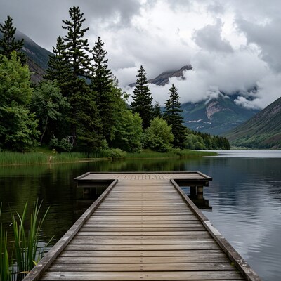 Wooden Dock on Mountain Lake