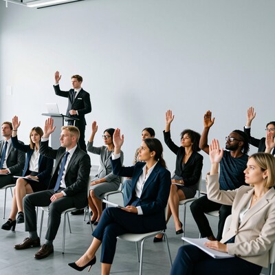 Audience raising hands in seminar