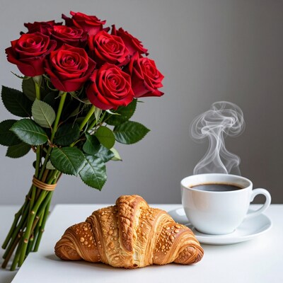 Red roses bouquet with coffee and croissant