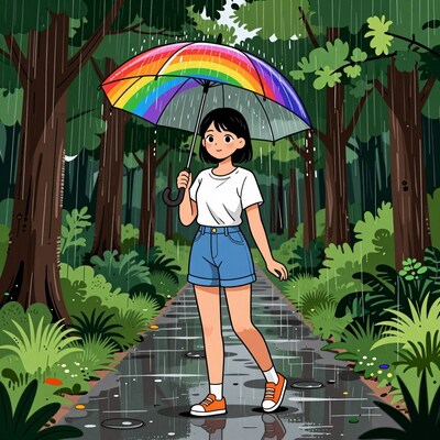 Girl with rainbow umbrella in rain